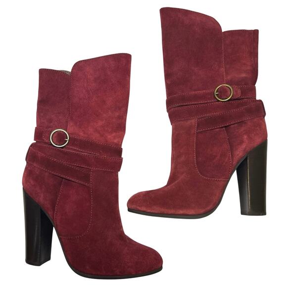 Diane von Furstenberg Wine Red Maroon Suede Leather Wrapped Heeled Boots 8.5 M - Picture 1 of 15
